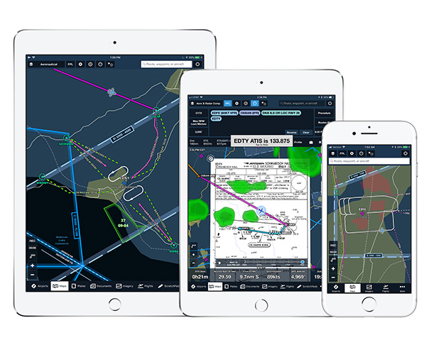 Image of portable devices with the Jeppesen VFR chart data rendered as an overlay on the ForeFlight Mobile map. 